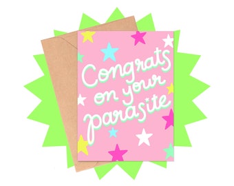 Grappige nieuwe babykaart, gefeliciteerd Parasite