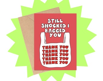 Tarjeta divertida del Día de San Valentín, tarjeta de amor con el juego de palabras "Me sorprendió haberte comprado"