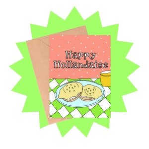 Tarjeta navideña con salsa holandesa, divertida tarjeta navideña, tarjeta con juego de palabras para las fiestas, tarjeta navideña con brunch, tarjeta con juego de palabras para el brunch, tarjeta navideña 2024, tarjeta con huevo