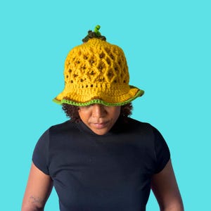 Pineapple Crochet Bucket Hat, Hand-Crocheted Bucket Hat, Fruit Themed Bucket Hat, Pineapple Bucket Hat, Crochet Accessory, Fun Summer Hat