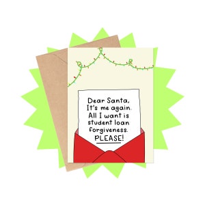 Tarjeta de perdón de préstamos estudiantiles de Santa Claus, tarjeta navideña divertida, tarjeta navideña de Santa Claus, tarjeta con carta navideña, tarjeta navideña 2024, tarjeta política