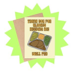 Cartão Keeping Me Fed, Cartão de Jantar de TV, Cartão Engraçado para o Dia das Mães, Cartão de Dia das Mães de Criança, Cartão para Mãe, Cartão de Dia das Mães com Tema de Comida