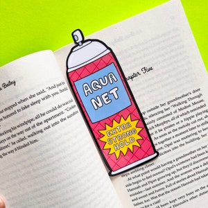 Aqua Net bladwijzer, haarlak bladwijzer, nostalgische bladwijzer, gestanste bladwijzer, jaren 90 geïnspireerde bladwijzer, jaren 80 geïnspireerde bladwijzer, lezer cadeau