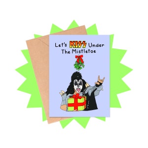 Tarjeta de beso bajo el muérdago, tarjeta navideña de rock, tarjeta navideña de los años 70, tarjeta navideña musical de los años 70, tarjeta navideña divertida, tarjeta navideña musical