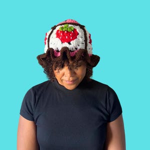 Chocolate Covered Strawberry Crochet Bucket Hat, Hand-Crocheted Bucket Hat, Food Themed Bucket Hat, Strawberry Bucket Hat, Crochet Accessory