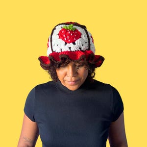 Strawberry Crochet Bucket Hat, Hand-Crocheted Bucket Hat, Fruit Themed Bucket Hat, Strawberry Bucket Hat, Crochet Accessory, Cute Summer Hat