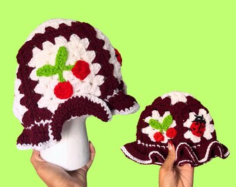 Mommy and Me Cherry Crochet Bucket Hat Set, Acrylic Knit