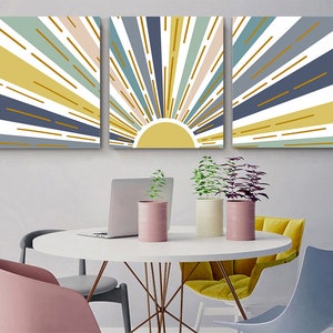 Sunburst Prints Set of 3 Wall Decor, Boho Cool-Tone Pastels Sun, Mid Century Modern Geometric Sun Print, Digital Abstract Sun, Nursery Art