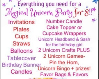 Unicorn Party 8 Tableware Favors Games Invitations Candles Plates Cups Forks Spoons Cake Topper Balloons Banner Prizes Bingo Pin the Horn