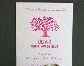 Handmade letterpress birth card with tree