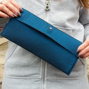 Blue two-tone taffeta clutch bag with contrasting colour lining, blue clutch, small blue purse