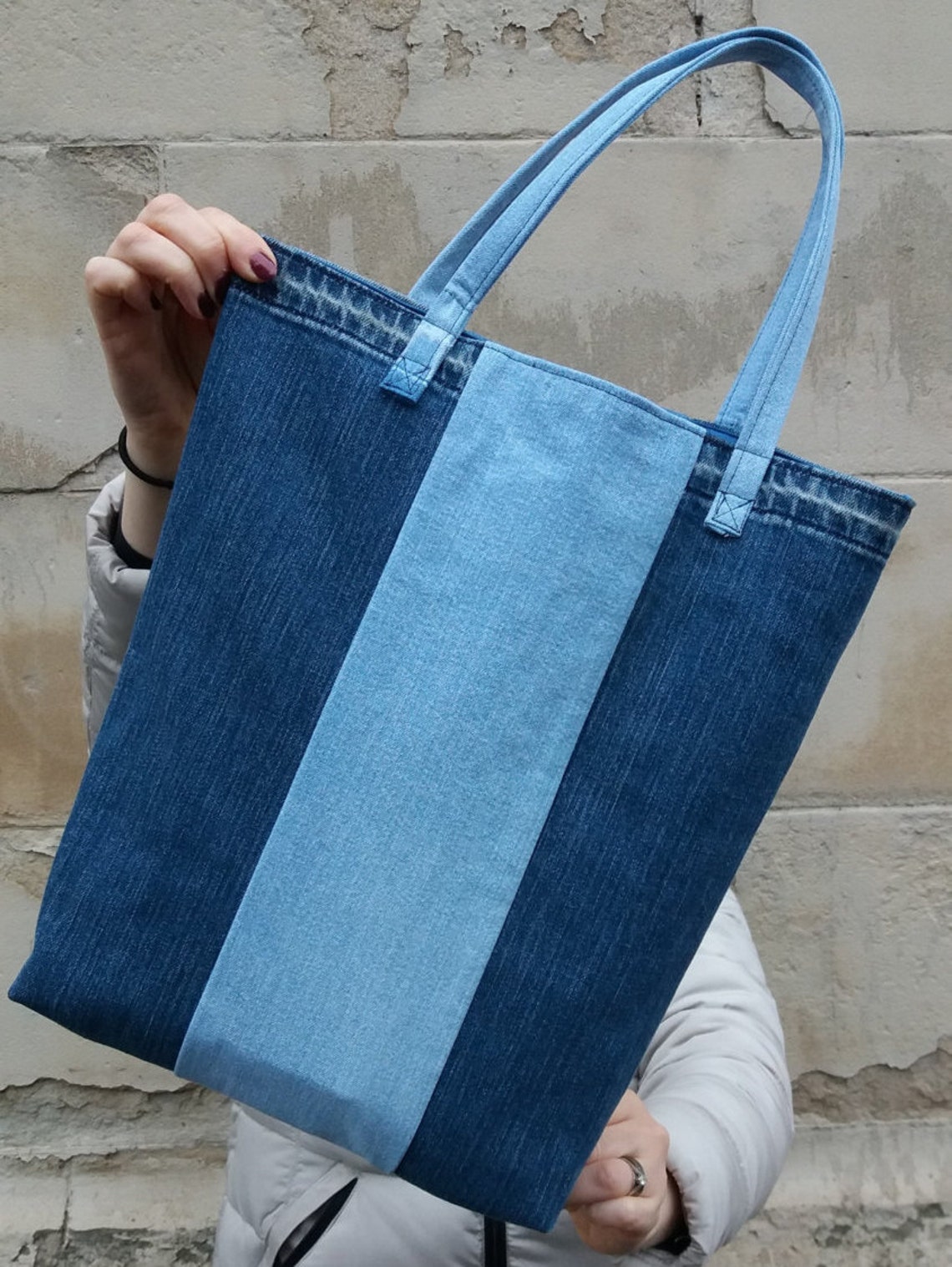Blue Denim Tote Bag Upcycled Denim Tote Bag Striped Tote - Etsy