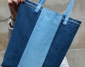 Blue denim tote bag, upcycled denim tote bag, striped tote bag, blue tote bag, faded denim tote bag, large handbag