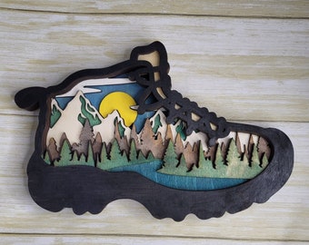 7 Layered Hiking Boot Hiker Art work  Wooden wildlife scenery mountains lake shoe unique gift mothers fathers hiking adventure graduation