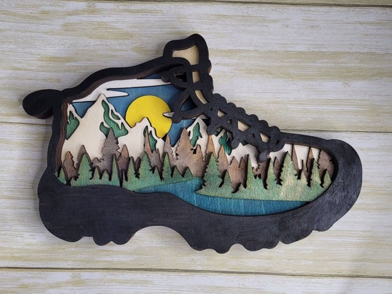 7 Layered Hiking Boot Hiker Art work  Wooden wildlife scenery mountains lake shoe unique gift mothers fathers hiking adventure graduation