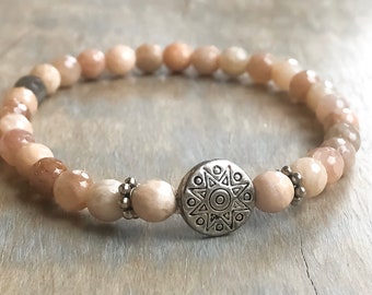 Sunstone stress relief positive energy stretch stacking bracelet wIth sIlver elements stacking gemstone jewelry