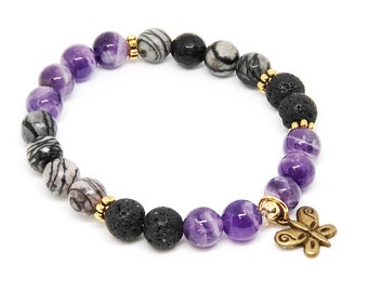 Positive Energy protection Gemstone Bracelet with Butterfly Charm  Amethyst and Lava Essential Oils Diffuser