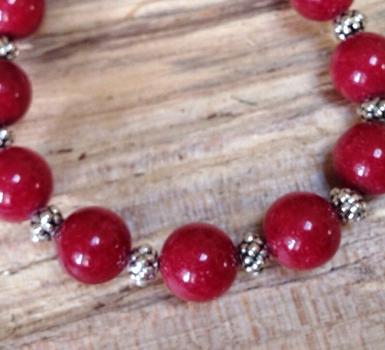 Red Beaded Bracelet, Red Gemstone Bracelet, Silver Beads, Stretch
