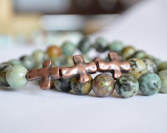 Crosses Bracelet, African Turquoise, bracelet stack, blue jewelry, green jewelry, cross beaded bracelet, gift for mom, turquoise boho