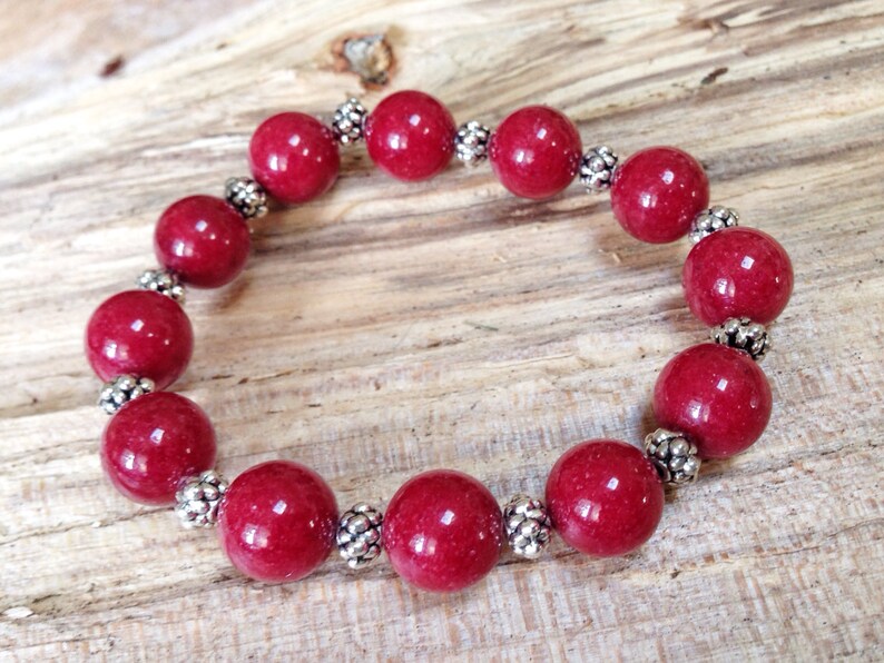 Red Beaded Bracelet, Red Gemstone Bracelet, Silver Beads, Stretch