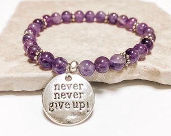 Amethyst Inspiration Bracelet, never gIve up, Lupus fibromyalgia Support, Purple gemstone jewelry, Chronic Illness Awareness