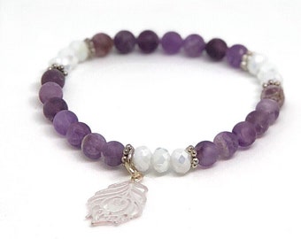 Mini amethyst gemstone bracelet with feather charm  calming positive energy