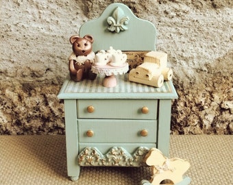 Miniatuur kwekerij Shabby, poppenhuis kwekerij vintage, poppenhuis speelgoed, miniatuur babykamer, poppenhuis voor poppenhuis, poppenhuis teddybeer