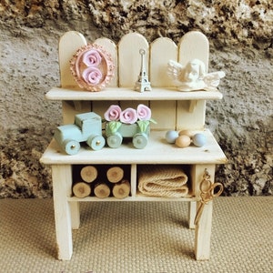 Dollhouse Potting bench, Miniature garden shabby Table, dollhouse flowers plants, One inch scale shabby roses