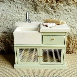 Miniature doll Sink in Green and white, One inch Scale Wood Kitchen Furniture, French Country Farmhouse