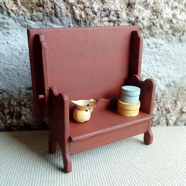 Miniature Table Bench Rustic, Miniature Bench Primitive, Dollhouse Table Wood, One inch Furniture Kitchen, Dollhouse Kitchen red