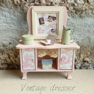 Miniature Shabby Vanity Table, Dollhouse French Dressing Table, One inch Scale Furniture for bedroom, Miniature pink sideboard