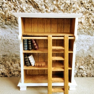 Dollhouse Miniature Bookcase Library, 1/12 Scale Bookshelf with Ladder, Dollhouse Miniature Book lover Gift