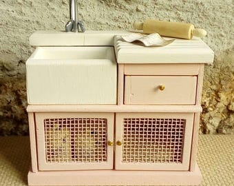 Dollhouse miniature dish sink in pink, One inch Kitchen wood Furniture, Shabby cottage