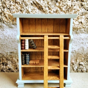 1/12 Scale Bookshelf with Ladder, Miniature Bookcase Library, Dollhouse Miniature Book, Library Ladder, Book lover gift