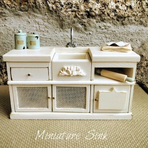 Miniature Sink Vintage, Dollhouse Sink French Country shabby, one inch scale Kitchen Furniture, Modern large dish sink in white