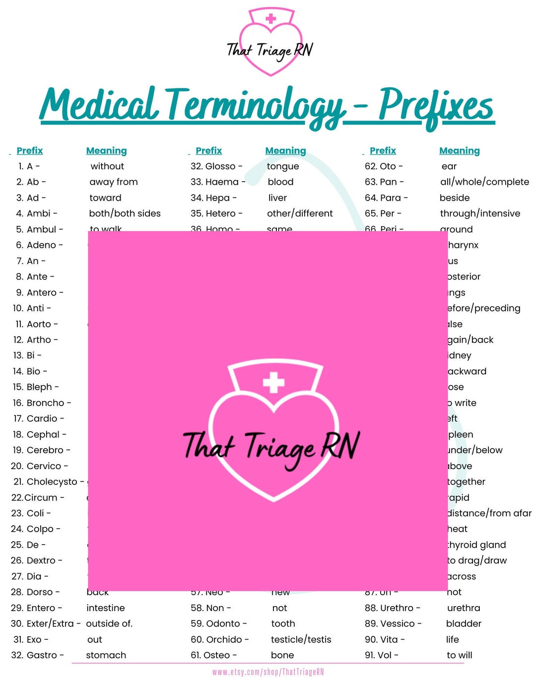 Medical Terminology Prefixes Digital Download Study Guide Mas, Cnas