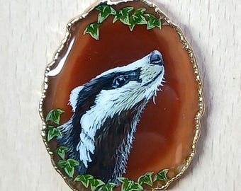 Badger Hand Painted Agate Pendant