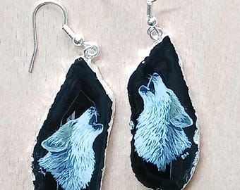 Hand Painted Wolf Agate Earrings
