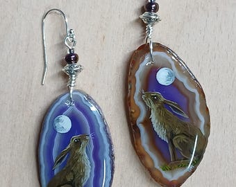 Moon Gazing Hare Hand Painted Agate Earrings
