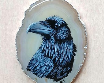 Raven Hand Painted Agate Pendant