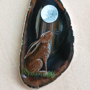Moon Gazing Hare Hand Painted Agate Pendant