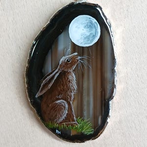 Moon Gazing Hare Hand Painted Agate Pendant