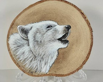 White wolf Painting on Wood, wolf gift, wildlife gift