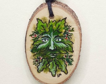 Green Man Handpainted Yew Wood Pendant
