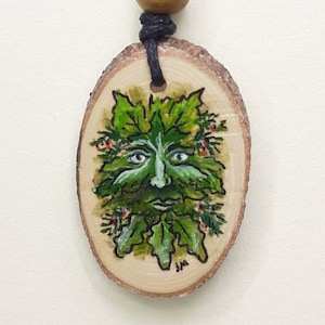 Green Man Handpainted Yew Wood Pendant