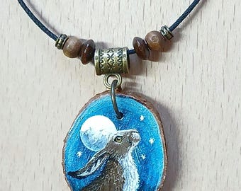 Moon Gazing Hare Hand Painted Wood Pendant