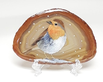 Robin in the Snow Painting on Agate