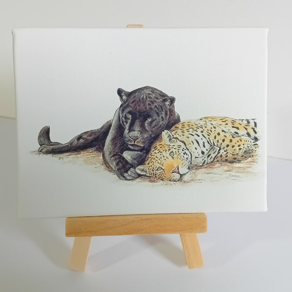 Jaguar big cat mini print with easel, black jaguar, golden jaguar, Kiera and Neron