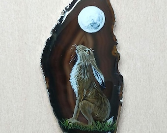 Moon Gazing Hare Hand Painted Agate Pendant