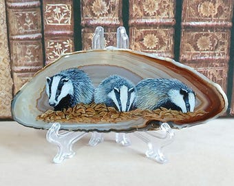 Badger Trio Painting on Agate